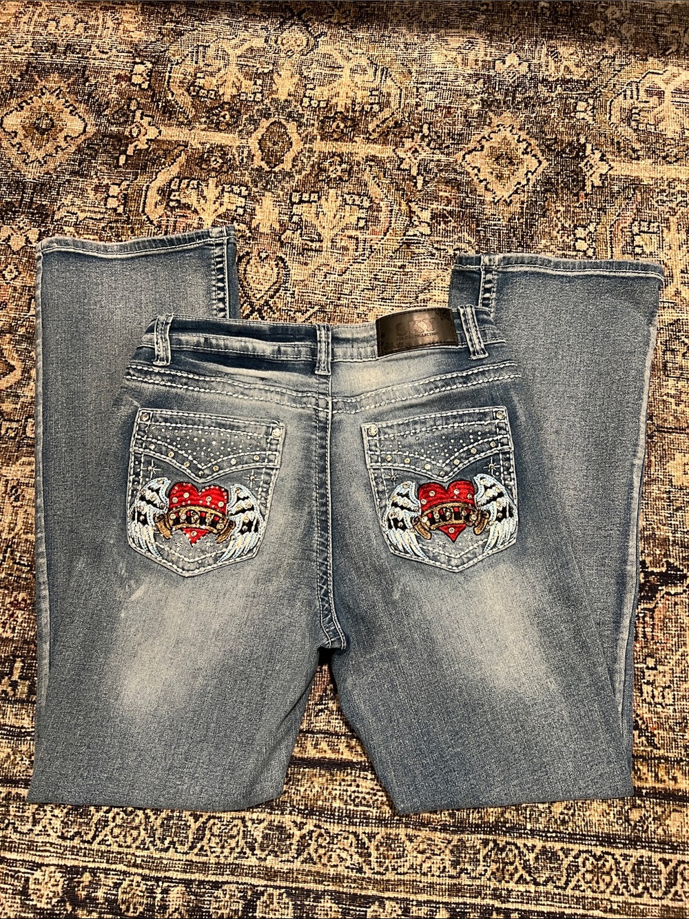 Sky Embroidered Winged Heart Pocket Jeans - Blue with Red Accent
